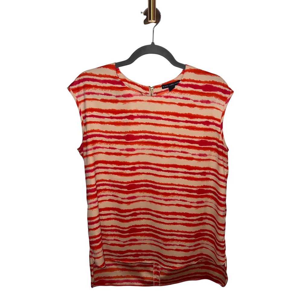 Black Label by Chico's‎ Blouse Abstract Stripe Zip Back High Low Red Pink Size M